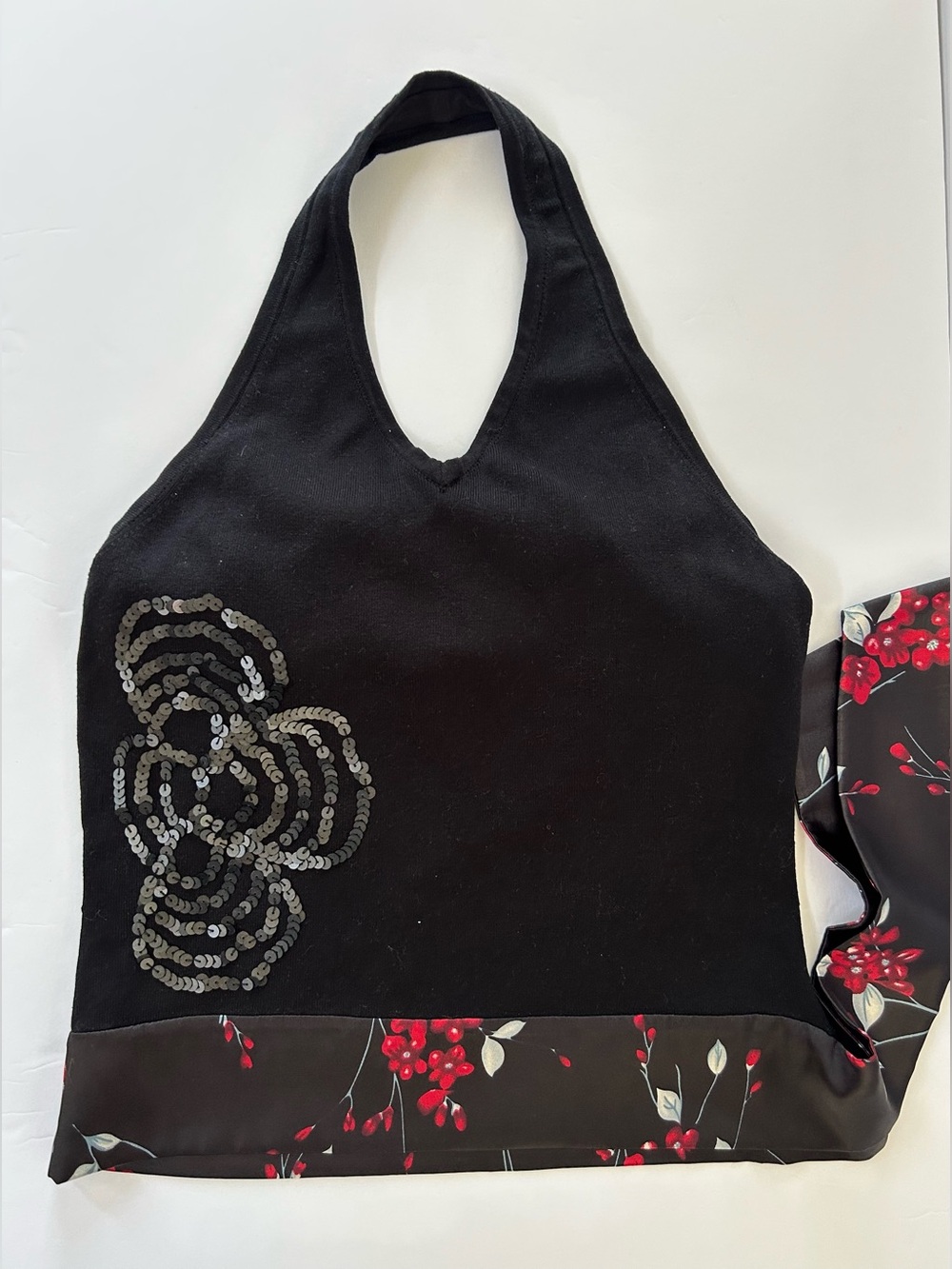 Kaisely Black Top with Floral Sequin Detail